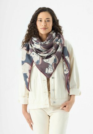 Écharpe triangulaire multicolore en tissu doux avec un motif de chien de dessin animé. Bords ornés d'un point rouge contrastant.