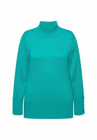 Türkiser Rollkragenpullover mit gerippten Bündchen und Saum, ausgestattet mit dekorativen Knöpfen an den Ärmeln. Aus weichem Strickmaterial, leger geschnitten.