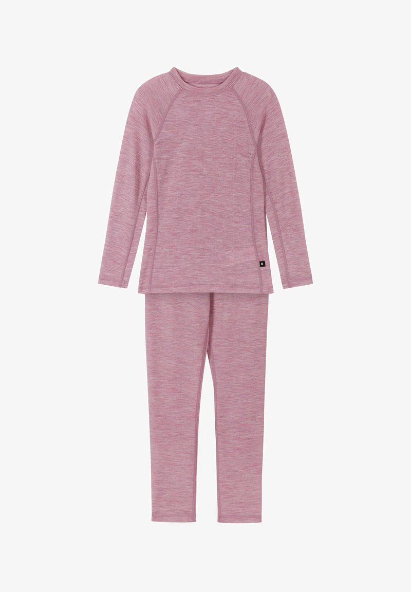 Rosa, langärmliges Oberteil und passende, eng anliegende Hose aus weichem, strukturiertem Stoff mit dezentem Melange-Muster. Rundhalsausschnitt und Raglanärmel.