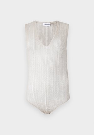 Lys beige ermene bodysuit med V-hals, teksturert ribbestrikket design og tettsittende passform. Strikket materiale med en myk finish.