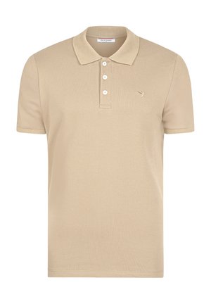 Beige polo shirt made of textured fabric, featuring a three-button placket and a small embroidered logo on the left chest.