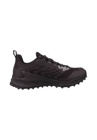 Schwarzer Trail-Laufschuh mit einem Obermaterial aus Mesh und synthetischen Überzügen, strukturiertem Mittelsohle und einer robusten Außensohle für Traktion.