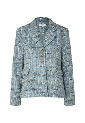 Blazer in tweed blu con colletto a revers, due tasche frontali e bottoni marroni, caratterizzato da un motivo a quadri con accenti di giallo e bianco.