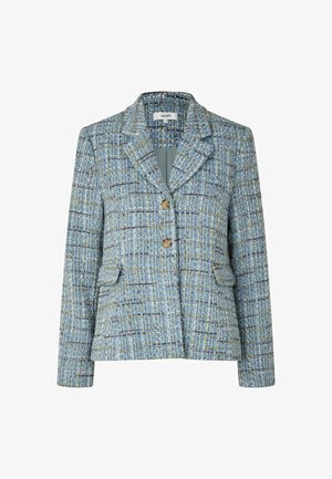 Blazer en tweed bleu avec un col cranté, deux poches avant et des boutons marron, présentant un motif à carreaux avec des touches de jaune et de blanc.