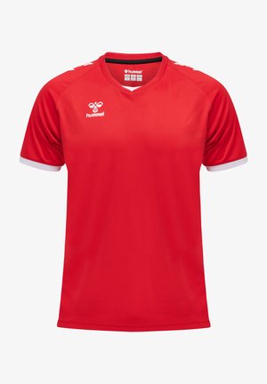 Rotes Sporttrikot aus leichtem Material; mit V-Ausschnitt, weißen Akzenten an den Ärmeln und einem Logo auf der Vorderseite.