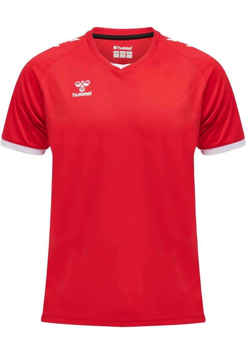 Röd sporttröja gjord av lättviktsmaterial; har en v-ringning, vita detaljer på ärmarna och logotypen är tryckt fram.