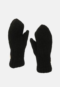 Czarne wełniane rękawiczki z miękką fakturą, z prążkowanym mankietem i małym złotym akcentem z jednej strony. Zaokrąglone czubki i przytulny design.