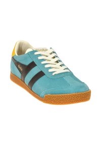 Zapatilla de ante turquesa con rayas negras y talón amarillo. Presenta cordones blancos y una suela de goma marrón texturizada. Logo de Gola visible.