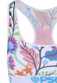 Sport-BH mit floralem Muster auf weißem Hintergrund, der bunte Blumen und Blätter zeigt. Elastisches Band am unteren Rand mit Logodetails.