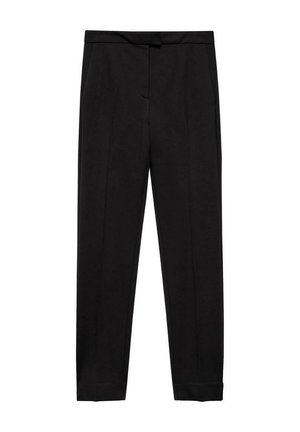 Pantaloni neri su misura con design a gamba dritta, vita piatta e dettagli di pieghe sottili; realizzati in un tessuto leggero e liscio.