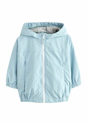 Light blue lightweight jacket with a hood, elastic cuffs, and front zipper. Two side pockets and a soft gray lining.