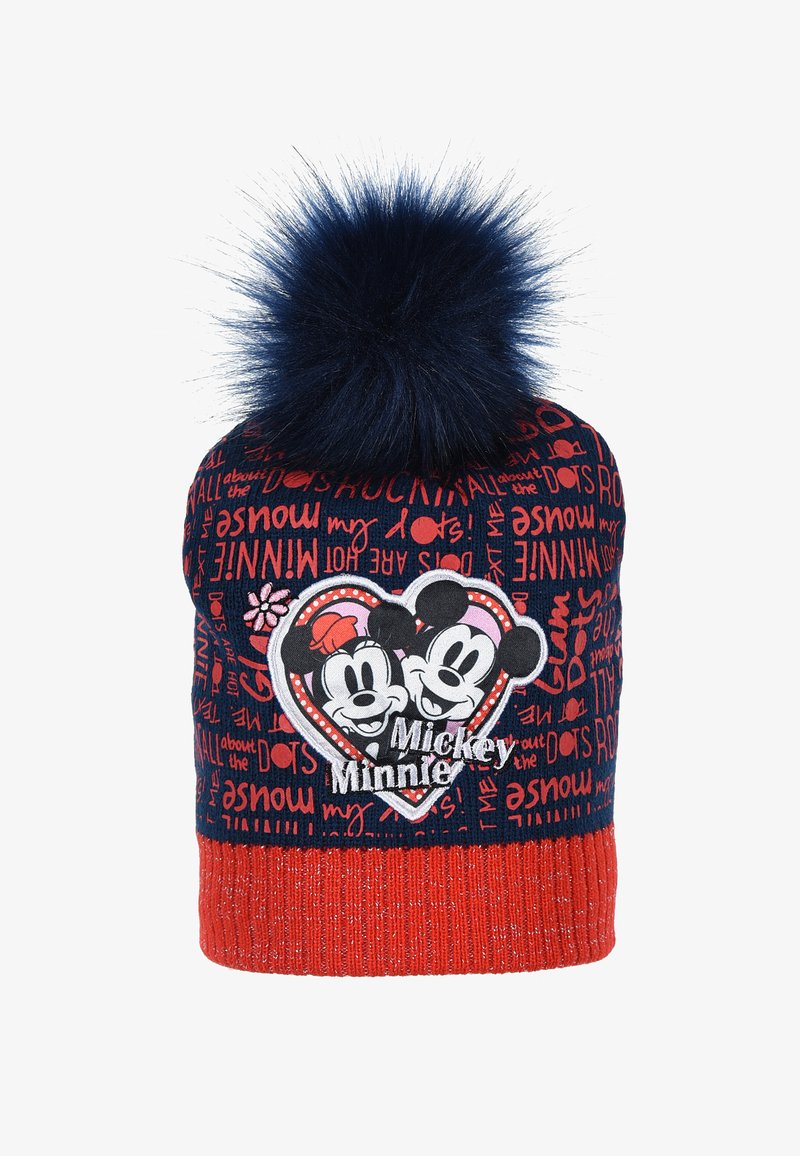 Cuffia in maglia navy e rossa, con pom-pom, un design a forma di cuore con Mickey e Minnie, e vari motivi testuali in rosso.