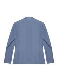 Blazer blu, tessuto strutturato, vestibilità slim, design monopetto con revers, maniche lunghe e due tasche laterali.