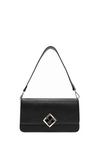 Borsa a mano in pelle nera con un accento lucido a forma di diamante e hardware in tonalità oro; presenta una tracolla removibile per maggiore versatilità.