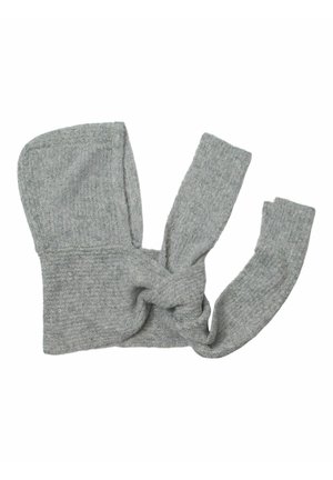 Soft grey knitted wool scarf tied in a loose knot on a white background.