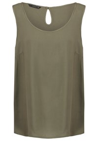 Top senza maniche verde oliva con scollatura a chiave, realizzato in tessuto morbido. Presenta cuciture laterali e una vestibilità rilassata.