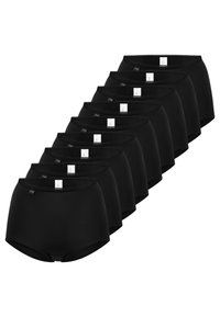 Schwarze Baumwoll-Slip-Unterwäsche, hoch tailliertes Design, glatte Textur, elastischer Bund und Etikettendetails auf der Rückseite sichtbar. Set mit zehn Stück.