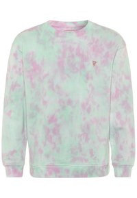 Felpa tie-dye in verde pastello e rosa, con collo a giro, maniche lunghe, polsini a costine e un piccolo logo sul petto.