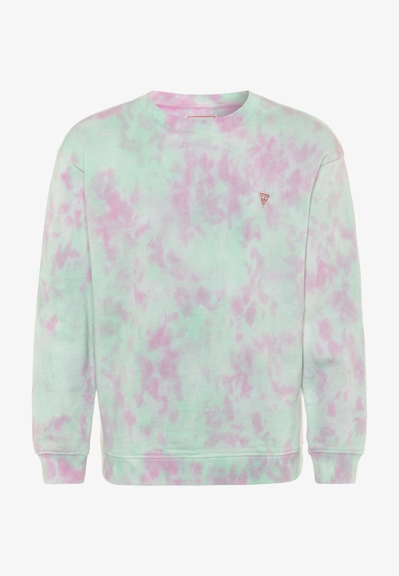Felpa tie-dye in verde pastello e rosa, con collo a giro, maniche lunghe, polsini a costine e un piccolo logo sul petto.