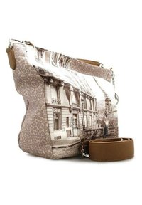 Borsa a tracolla con motivo leopardato, caratterizzata da una stampa fotografica di un edificio, con una tracolla marrone e chiusura con zip. Materiale in tessuto morbido.