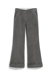 Grijze geribde broek met een brede pijp, omgeslagen hems, een knoopsluiting aan de voorkant, ritssluiting, riemlussen en schuine zijzakken.