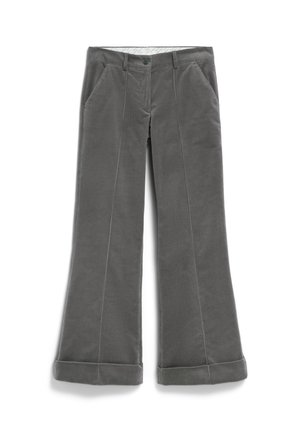 Graue Cordhose mit weitem Bein, umgeschlagenen Säumen, vorderem Knopfverschluss, Reißverschluss, Gürtelschlaufen und schrägen Seitentaschen.