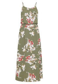 Maxime-mittari oliivinvihreästä kankaasta, jossa on valkoisia ja punaisia kukkakuoseja. Ominaisuuksia ovat ohuet olkaimet ja joustava vyötärö.