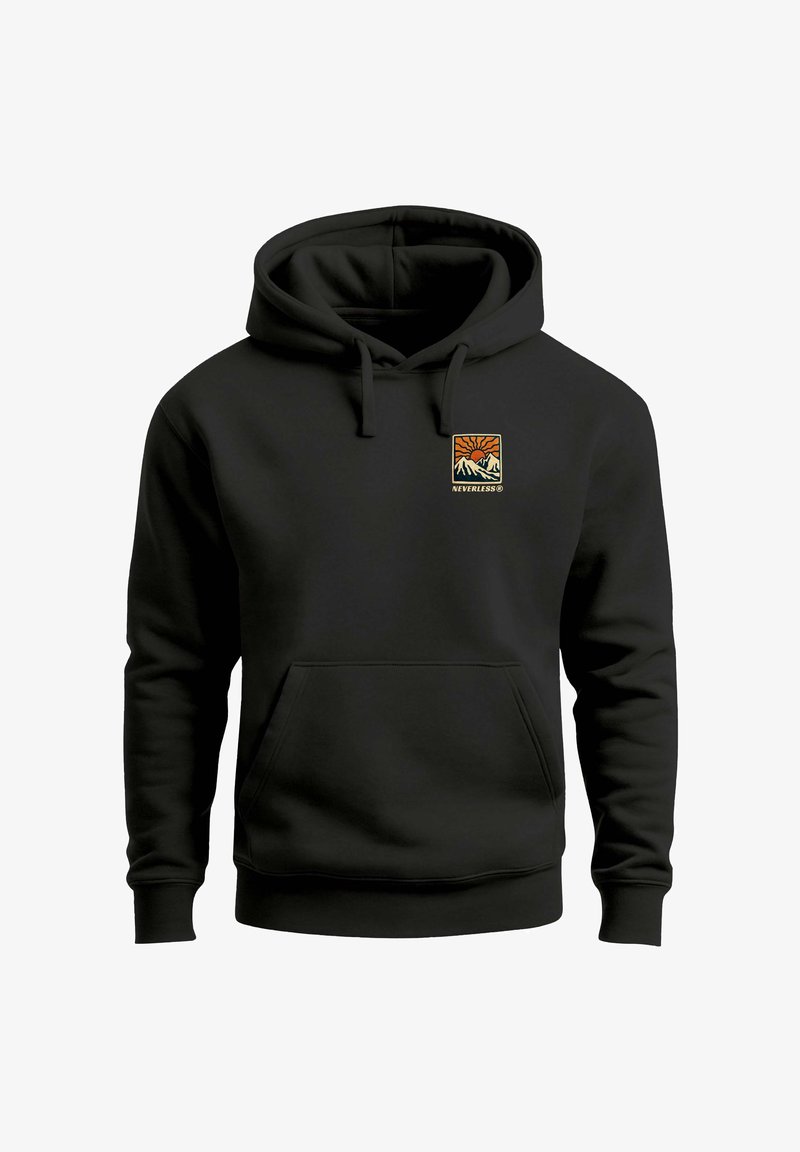 Black hoodie with a front pocket, featuring a square logo with a sunset and mountains in orange, green, and yellow on the left chest.