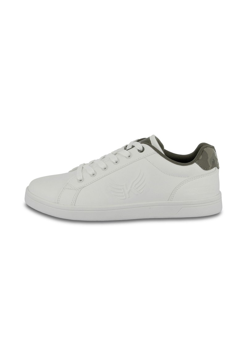 White low-top sneakers made of synthetic material, featuring a textured surface, round toe, and green camo accents on the heel.