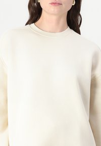 Felpa color beige chiaro con collo rotondo e maniche raglan. Tessuto morbido con dettagli di cucitura minima, creando una silhouette liscia.
