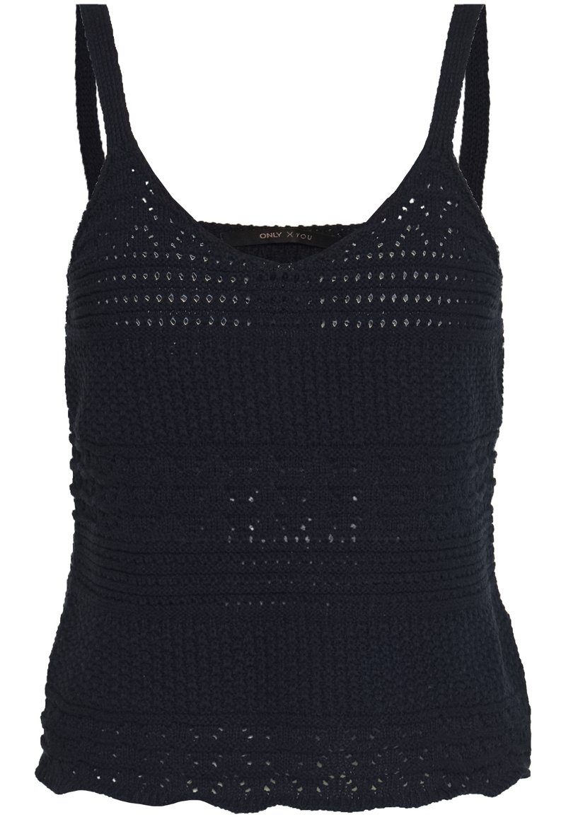 Siniansininen neulottu hihaton paita, jossa on v-pääntie, ohuet olkaimet, teksturoidut kuviot ja avonaiset kudontayksityiskohdat, sekä aaltoileva alareuna.