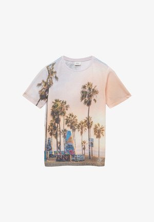 Kurzärmeliges T-Shirt mit einem pastellfarbenen Sonnenuntergang, Palmen und Graffiti, aus weichem Stoff mit Rundhalskragen und entspannter Passform.