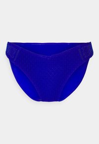 Parte de baixo de biquíni azul com um padrão de malha texturizada, apresentando um interior suave e um corte médio, ideal para trajes de banho.