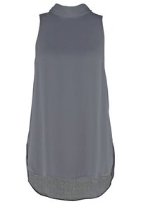 Tunic grigia senza maniche con colletto alto, realizzata in un tessuto morbido. L'orlo presenta un dettaglio testurizzato in argento e fessure laterali per facilitare i movimenti.