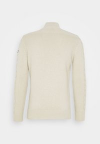 Sweter w kolorze kremowym, wykonany na drutach, z wysokim kołnierzem, prążkowanymi mankietami oraz detalami warkoczowymi wzdłuż rękawów. Miękka faktura, klasyczny krój.