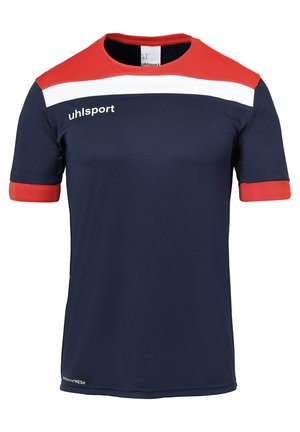 Marineblå atletisk skjorte med røde og hvide detaljer, lavet af åndbart materiale, har rund halsudskæring og korte ærmer.