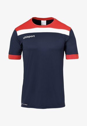 Marineblå atletisk skjorte med røde og hvide detaljer, lavet af åndbart materiale, har rund halsudskæring og korte ærmer.