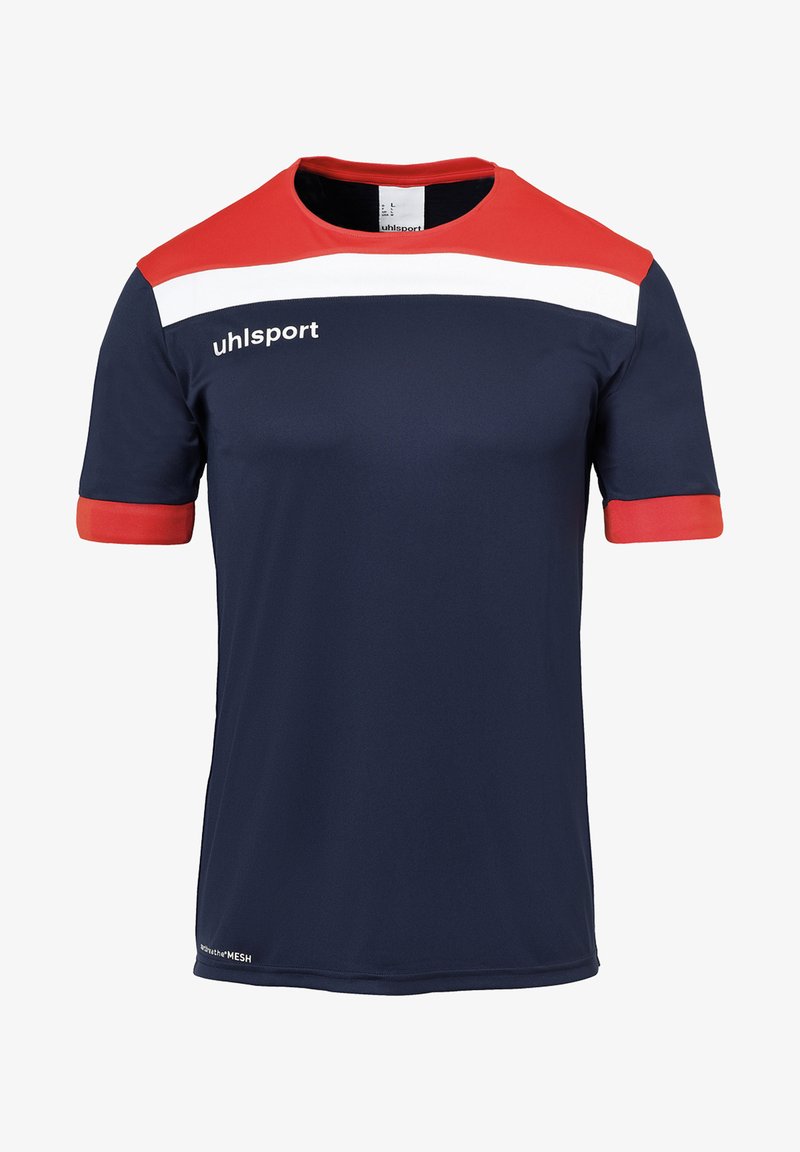 Marineblå atletisk skjorte med røde og hvide detaljer, lavet af åndbart materiale, har rund halsudskæring og korte ærmer.