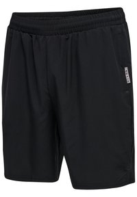 Svarta atletiska shorts gjorda av lättviktsmaterial, med ett elastiskt midjeband, sidofickor och en liten logotagg på ena sidan.