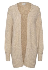 Beige Strickjacke mit offenem Frontbereich, langen Ärmeln und Seitentaschen. Strukturierter Stoff und gerippte Bündchen, die ein gemütliches Erscheinungsbild verleihen.