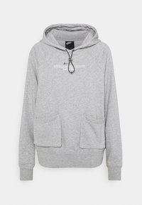 Gray hooded sweatshirt made of soft fabric, featuring a front kangaroo pocket, ribbed cuffs, and a printed logo on the chest.