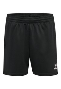Shorts sportivi neri con cintura elastica, tasca laterale e piccolo logo bianco in basso a destra. Realizzati in tessuto liscio e leggero.