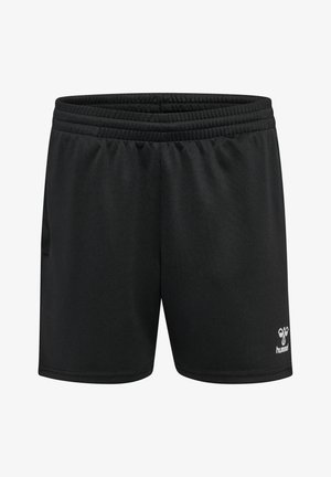 Zwarte sportshorts met een elastische tailleband, een zijzak en een klein wit logo rechtsonder. Gemaakt van een gladde, lichte stof.