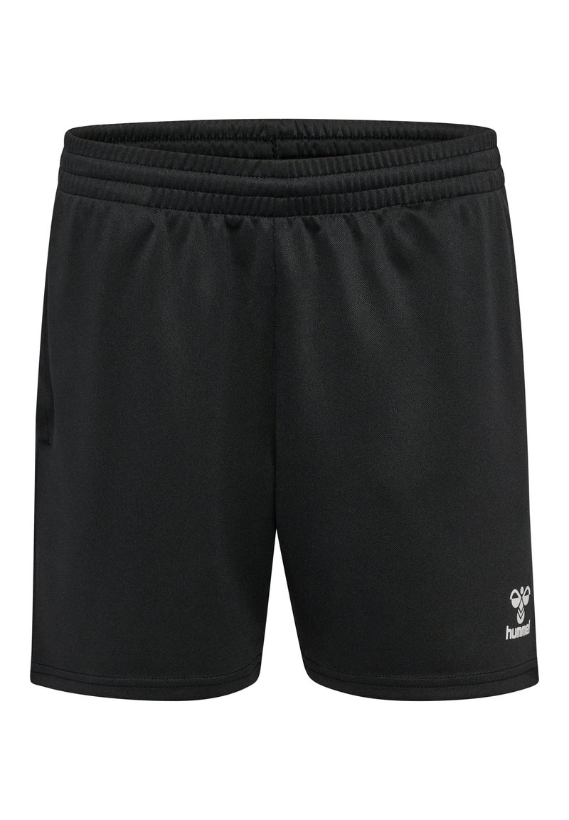 Shorts sportivi neri con cintura elastica, tasca laterale e piccolo logo bianco in basso a destra. Realizzati in tessuto liscio e leggero.