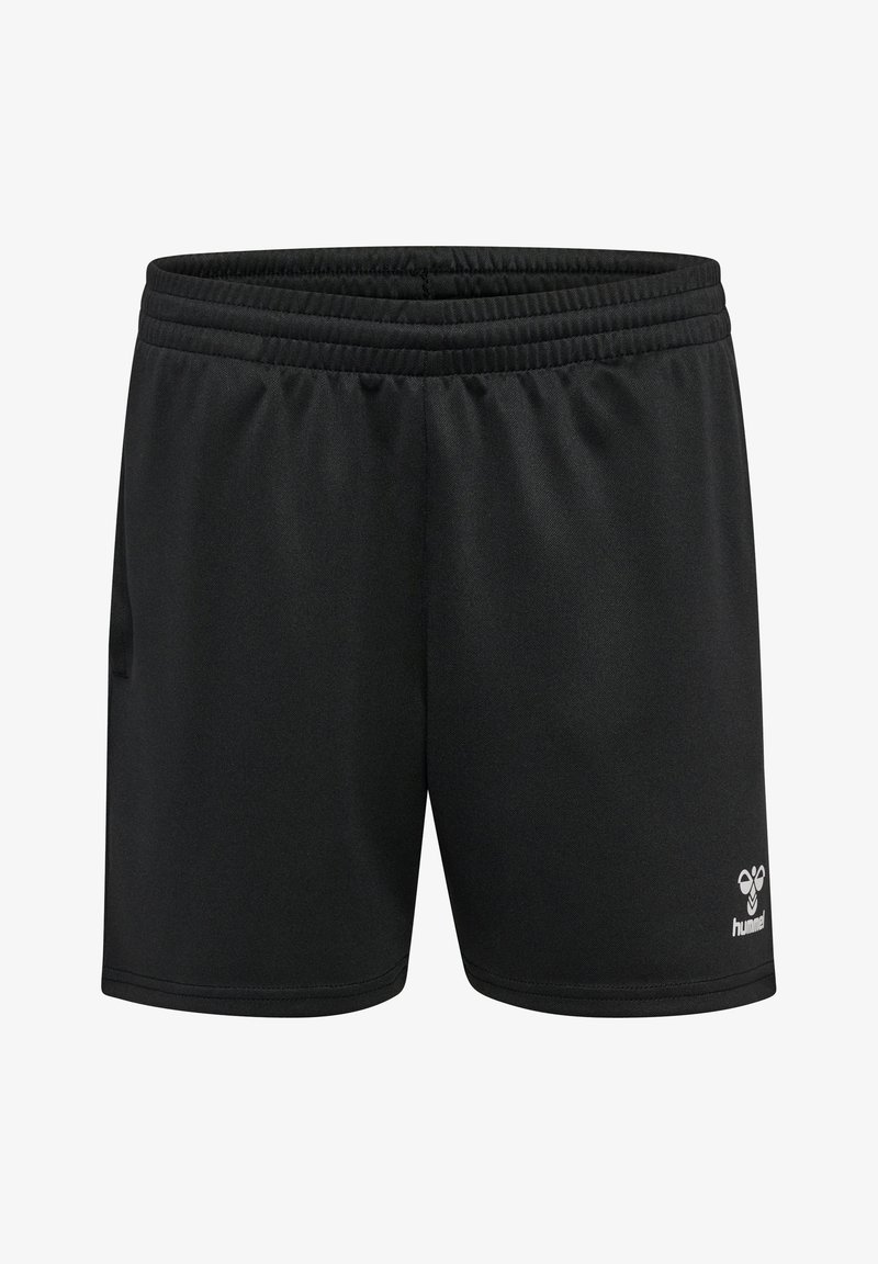 Schwarze Sportshorts mit elastischem Bund, seitlicher Tasche und kleinem weißen Logo unten rechts. Hergestellt aus glattem, leichtem Stoff.