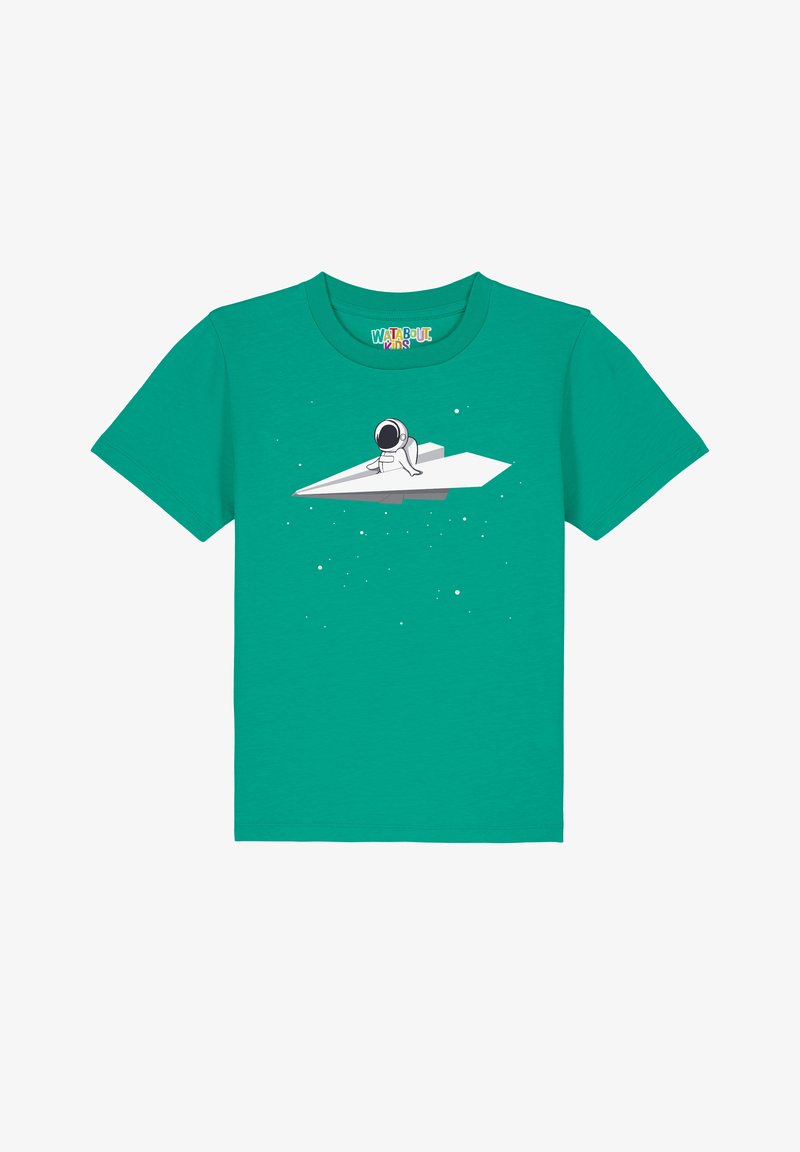 T-shirt en coton turquoise avec un motif d'astronaute sur un avion en papier, ponctué d'étoiles blanches éparpillées en arrière-plan.