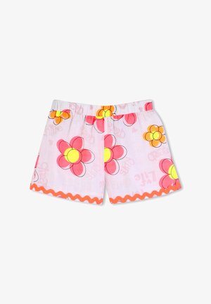 Pantaloncini bianchi con vita elastica, decorati con grandi fiori rosa e arancioni con centri gialli e rifiniture ondulate arancioni agli orli.