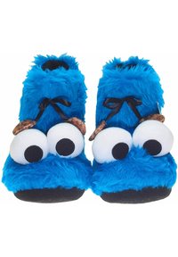 Pantofole pelose blu con grandi occhi mobili bianchi e neri e fiocchi di nastro neri, che assomigliano a un personaggio dei cartoni animati giocoso.