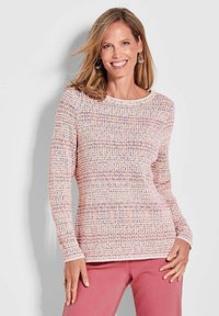 Langarmpullover in einem gewebten Muster aus Pink und Creme mit subtilen lila Akzenten. Verfügt über einen runden Ausschnitt und gerippte Bündchen.
