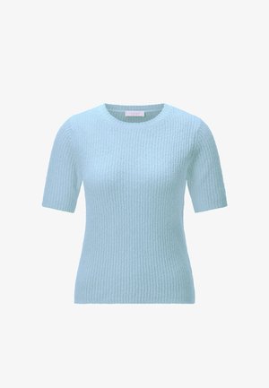 Svijetloplavi kratki rukav pleteni džemper s rebrastom teksturom i okruglim izrezom, prikazan na bijeloj pozadini.